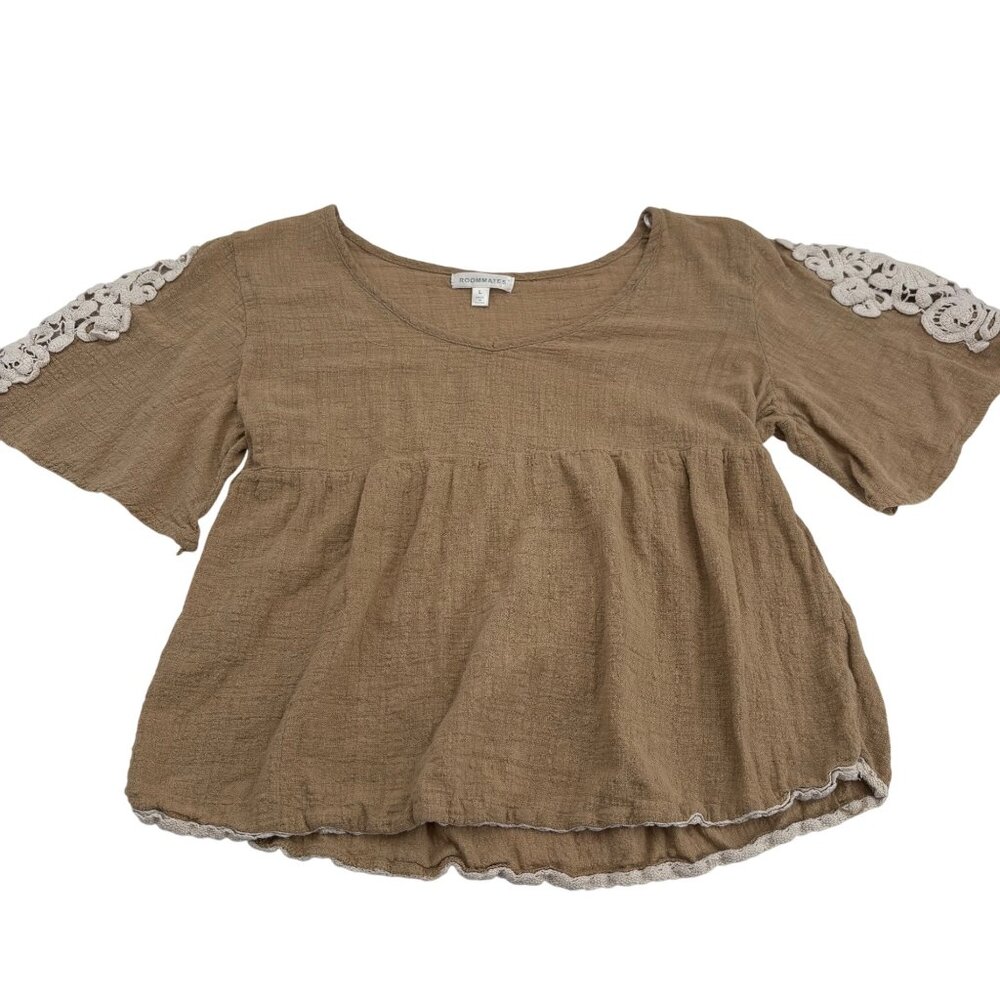 Roommates Womens Boho Blouse‎ L Brown Cotton Crochet Sleeve
